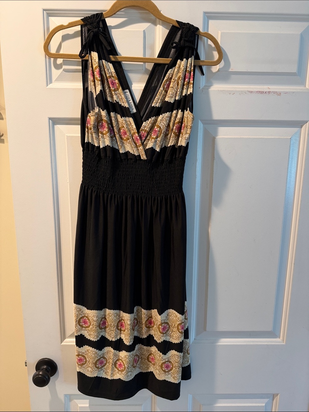 Jon & Anna Black Midi Dress with Cream and Pink Floral Trim